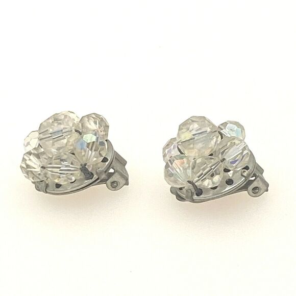 Vintage Faceted Clear Beaded Clip-On Earrings Round Silver Tone, 3/4" - Picture 2 of 8
